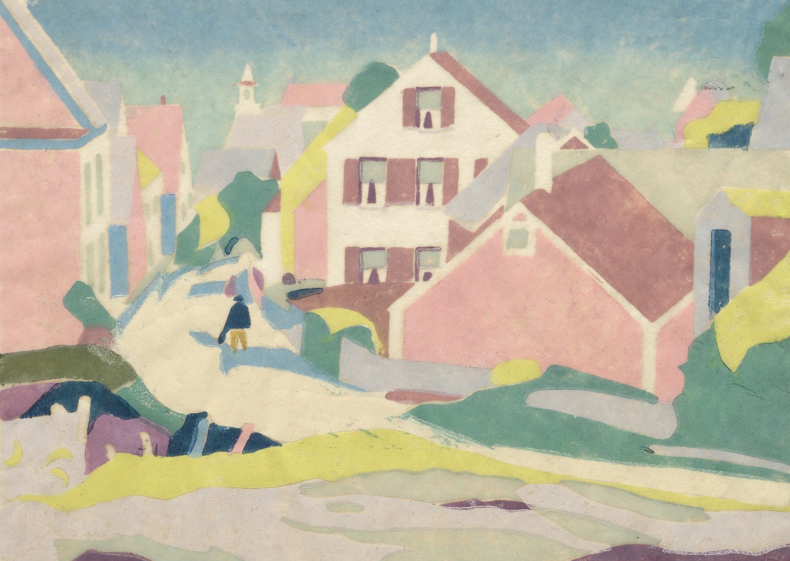 A painting of a town with houses on the hill